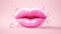 3D realistic smiling glossy pink lips on pink with bubbles. cosmetic, fashion, and romantic designs. Open mouth with teeth,