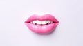 3D realistic smiling glossy pink lips on white. cosmetic, fashion, and romantic designs. Open mouth with teeth, lipstick promotion