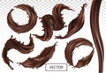 3D realistic splash of chocolate. Twisted dark chocolate with drop on transparent background. Set vector illustration Royalty Free Stock Photo