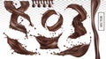 3D realistic splash of chocolate. Twisted dark chocolate with drop on transparent background. Set vector illustration Royalty Free Stock Photo