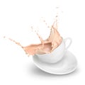 3d realistic splash of coffee with milk, cappuccino, tea with milk in a white cup and saucer.