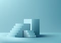 3D realistic studio room blue cube podium stand with ladder steps success on minimal wall scene blue background Royalty Free Stock Photo