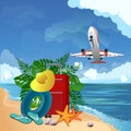 3D realistic summer vacation design for traveling on the sandy beach of the island with summer items. Vector illustration Royalty Free Stock Photo