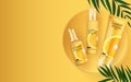 3D Realistic sun Protection Cream Bottle Background with palm leaves, podium and orange. Design Template of Fashion Cosmetics