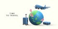 3d realistic tourism and travel concept,eath and location pin with airplane flying. Vector illustration