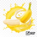 3d realistic transparenced isolated vector, peeled banana fruit in a splash of juice with drops, edible handmade mesh Royalty Free Stock Photo