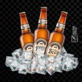 3d realistic transparent brown beer bottles with label in ice cubes Royalty Free Stock Photo