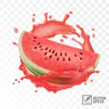 3d realistic transparent isolated vector, half of watermelon in a splash of juice with drops Royalty Free Stock Photo