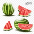 3d realistic transparent isolated vector set, whole, half and slice juicy watermelon Royalty Free Stock Photo