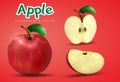 3d realistic transparent isolated vector set, whole and slice of apple, apple in a splash of juice with drops Royalty Free Stock Photo