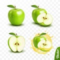 3d realistic transparent isolated vector set, whole and slice of apple, apple in a splash of juice with drops Royalty Free Stock Photo