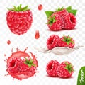 3d realistic transparent isolated vector set, whole and slice of raspberry, raspberry in a splash of juice with drops, raspberry Royalty Free Stock Photo