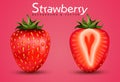 3d realistic transparent isolated vector set, whole and slice of strawberry, strawberry in a splash of juice with drops, Royalty Free Stock Photo