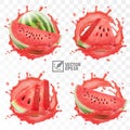 3d realistic transparent isolated vector set, whole and slice of watermelon in a splash of juice with drops Royalty Free Stock Photo