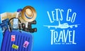 3D Realistic Travel Banner Front View with Let`s Go Travel Around the World Message and Travelling Items Royalty Free Stock Photo