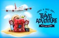 3D Realistic Travel Items Like Airplane, Backpack, Sneakers, Mobile Phone, Passport and Sunglasses in the Sand