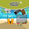 3D Realistic Travel and Tour creative Poster Design with realistic airplane, beach umbrella, passport and air tickets