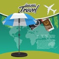 3D Realistic Travel and Tour creative Poster Design with realistic airplane, beach umbrella, world map, passport and air