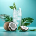 Refreshing Coconut Water With Leaves On Blue Background - 3d Stock Photo