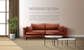 Realistic vector background. Interior with modern leather couch, living room with window Royalty Free Stock Photo