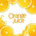 3d realistic vector background made of sliced juicy oranges and splash juice. Editable handmade mesh