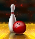 Realistic vector bowling kegel and red ball on a wooden floor