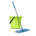 3d realistic cleaning greet bucket with broom. Isolated on white background