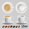 3d realistic vector cup of cappuccino, espresso or americano coffee with froth, top view, side view