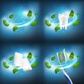 3D realistic vector dental set separate vortex leaves of mint,healthy tooth, gum pellets, toothbrush with extruded toothpaste Royalty Free Stock Photo