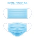 3d realistic vector disposable protective mask. Blue surgical, medical respiratory face mask isolated on white