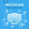 3d realistic vector disposable protective mask. Blue surgical, medical respiratory face mask with molecules.