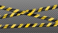 Realistic vector hazard black and yellow striped ribbon, caution tape of warning signs for crime scene or construction area. Royalty Free Stock Photo