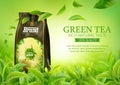 3d realistic vector horizontal banner, nature, tea plantation, green tea garden background with tea packaging and flying leaves