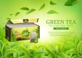 3d realistic vector horizontal banner, nature, tea plantation, green tea garden background with tea packaging and flying leaves,