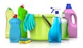 Realistic vector household cleaning products and accessories collection of kitchen and house cleaning utensils and bottles with