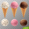 3d realistic vector ice cream scoops in a waffle cones with raisins, fruit strawberry, chocolate Royalty Free Stock Photo