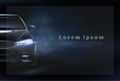 realistic vector icon. Black car in the darkness with clouds of dust and lights glowing. Car rasing banner with