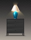 realistic vector icon. Gray bedside table with blue modern lapm on top with light. Isolated on transparent background.