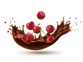 3d realistic vector icon illustration. Chocolate cherry milk. Choco splash with cherries falling. Isolated on white background Royalty Free Stock Photo