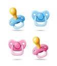 3d realistic vector icon illustration set. Pink and blue baby boy and girl pacifier in front and side view. isolated. Royalty Free Stock Photo