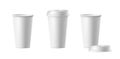 3d realistic vector icon illustration. White paper coffee cups with and withuot lid. Isolated on white background. Royalty Free Stock Photo
