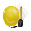3d realistic vector icon illustration of worker safety equipment, hard helmet, headphones and gloves. Isolated on white