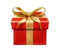 3d realistic vector icon. Red box present with golden ribbon and bow. Royalty Free Stock Photo