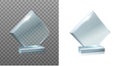 realistic vector icon set. Square glass winner trophy in side and front view. Isolated on white background.