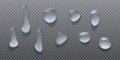 Realistic vector icon set. Water drops. Rain drops on transparent background Royalty Free Stock Photo