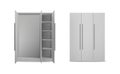 3d realistic vector icon set. White dress cupboard with two doors opened and shelves and closed. Isolated on white