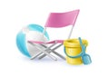 Realistic vector icons. Summer set of chair, sand yellow plastic bucket with spade isolated on white background Royalty Free Stock Photo