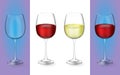 3d realistic vector illustration. Transparent isolated wineglass with red and white wine. Glasses with alcoholic drinks. Royalty Free Stock Photo