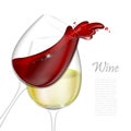 3d realistic vector illustration. Transparent isolated wineglass with red and white wine. Red wine pouring out of a glass splash