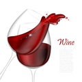 3d realistic vector illustration. Transparent isolated wineglass with red wine. Red wine pouring out of a glass splash